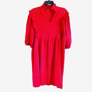 Red Crinkle Ruffle Babydoll Dress Women XL Balloon Sleeve V-Neck Shift Midi